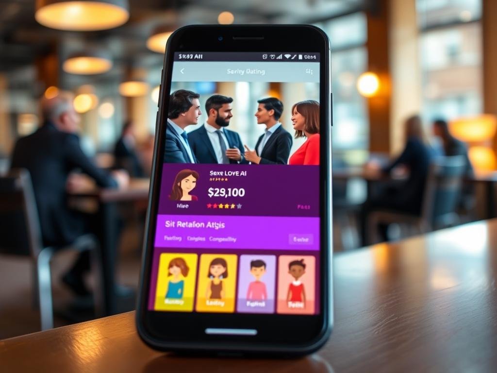 A sleek, modern interface of an intelligent dating app named "Sexlove.ai" displayed on a smartphone. In the foreground, the phone's screen shows user profiles illuminated with vibrant colors, highlighting personality traits and compatibility scores. The middle layer features a diverse group of professionally dressed individuals engaged in animated conversation, showcasing human connection and interaction. The background features a stylish cafe setting, softly lit with warm ambient lighting, creating an inviting atmosphere. The angle focuses on the phone in the foreground, with a slight depth of field that blurs the background slightly, emphasizing the app&rsquo;s importance in fostering relationships. The overall mood is optimistic and engaging, reflecting the seamless integration of AI and human connection in the modern dating landscape.