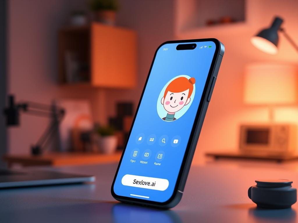 A sleek, modern personal AI app interface displayed on a smartphone, glowing softly against a gradient background. In the foreground, the phone shows a friendly, colorful virtual assistant character, designed with a blend of technology and a warm personality, featuring a smile and inviting eyes. The middle section includes subtle hints of user interaction, like icons for tips and features, suggesting engagement and usability. In the background, a cozy workspace setting with a well-organized desk, soft ambient lighting creates a calm atmosphere, highlighting the app's role as a personal companion. Capture the essence of technology enhancing daily life, focusing on connection and support, favoring a bright and optimistic mood. The brand name "Sexlove.ai" should be discreetly integrated into the interface design, ensuring it complements the overall aesthetic.