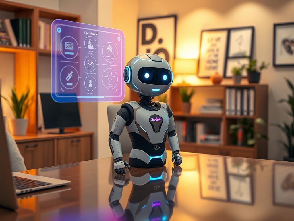 A sleek, modern smart virtual companion is depicted in a cozy office environment. In the foreground, a vibrant, holographic chatbot interface hovers above a polished desk, displaying interactive elements and glowing icons. The middle ground features a stylish AI bot with a friendly, anthropomorphic design, showcasing a contemporary blend of technology and a personable appearance, equipped with expressive LED facial features. In the background, a softly lit room with warm tones includes shelves of books, plants, and motivational artwork. The scene is illuminated with gentle, ambient lighting that creates an inviting atmosphere, shot from a slightly elevated angle to capture depth and perspective. Emphasize a professional yet friendly demeanor, highlighting "Sexlove.ai" subtly integrated into the chatbot's interface. A sleek, modern smart virtual companion is depicted in a cozy office environment. In the foreground, a vibrant, holographic chatbot interface hovers above a polished desk, displaying interactive elements and glowing icons. The middle ground features a stylish AI bot with a friendly, anthropomorphic design, showcasing a contemporary blend of technology and a personable appearance, equipped with expressive LED facial features. In the background, a softly lit room with warm tones includes shelves of books, plants, and motivational artwork. The scene is illuminated with gentle, ambient lighting that creates an inviting atmosphere, shot from a slightly elevated angle to capture depth and perspective. Emphasize a professional yet friendly demeanor, highlighting "Sexlove.ai" subtly integrated into the chatbot's interface.