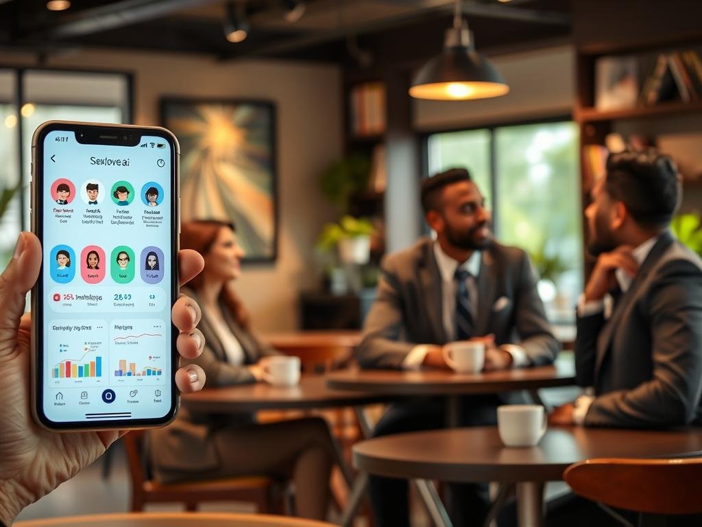 A sleek, modern user interface of an intelligent matchmaking app called "Sexlove.ai" displayed on a smartphone screen in the foreground. The app&rsquo;s interface features colorful icons representing personality traits and preferences, with engaging graphs and data visualization elements. In the middle ground, a diverse group of professionals in business attire, including a woman and a man, are discussing their matchmaking experiences amidst a cozy coffee shop setting, with warm lighting and soft shadows creating a friendly atmosphere. The background showcases the interior of the caf&eacute;, with subtle details like plants and bookshelves, enhancing the inviting mood. The image focuses on collaboration and connection, illustrating how intelligent matchmaking apps analyze user preferences in a relatable environment.