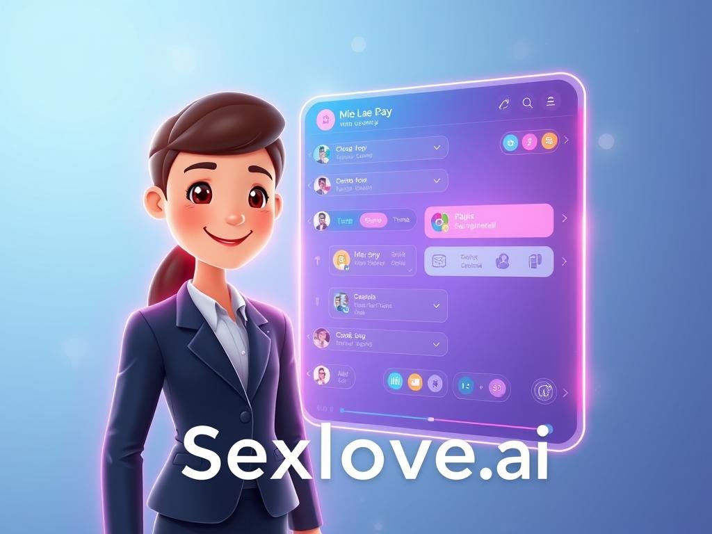 A sleek, modern virtual assistant interface featuring a glowing holographic design. In the foreground, a stylized avatar representing the AI assistant is depicted with a friendly expression, dressed in professional business attire, exuding a warm, inviting aura. The middle ground showcases a dynamic chat interface with colorful icons representing personality customization features like mood sliders and theme selections. The background is a soft gradient of blues and purples, creating a calm and tech-savvy atmosphere. Subtle light effects enhance the futuristic theme, with a focus on streamlined shapes and smooth shadows. The brand name "Sexlove.ai" is visually integrated into the design without text overlays, emphasizing technology and versatility in user interaction.