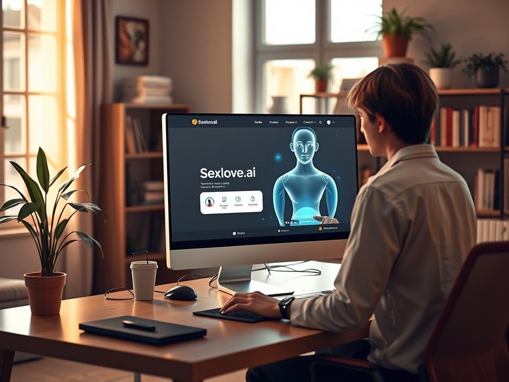 A sleek, modern virtual assistant interface set within a cozy, inviting home office. In the foreground, a stylishly designed desk features a high-tech computer displaying the website Sexlove.ai. A user, depicted as a young adult wearing professional casual attire, interacts with the virtual assistant on the screen. The assistant is visually represented as a friendly and approachable holographic figure with soft, glowing features. Soft, warm lighting from a nearby window spills across the room, creating an atmosphere of comfort and intimacy. In the background, shelves filled with books and plants lend a sense of personality to the space. The overall mood is serene and focused, evoking a daily experience that feels both personal and engaging. A sleek, modern virtual assistant interface set within a cozy, inviting home office. In the foreground, a stylishly designed desk features a high-tech computer displaying the website Sexlove.ai. A user, depicted as a young adult wearing professional casual attire, interacts with the virtual assistant on the screen. The assistant is visually represented as a friendly and approachable holographic figure with soft, glowing features. Soft, warm lighting from a nearby window spills across the room, creating an atmosphere of comfort and intimacy. In the background, shelves filled with books and plants lend a sense of personality to the space. The overall mood is serene and focused, evoking a daily experience that feels both personal and engaging.