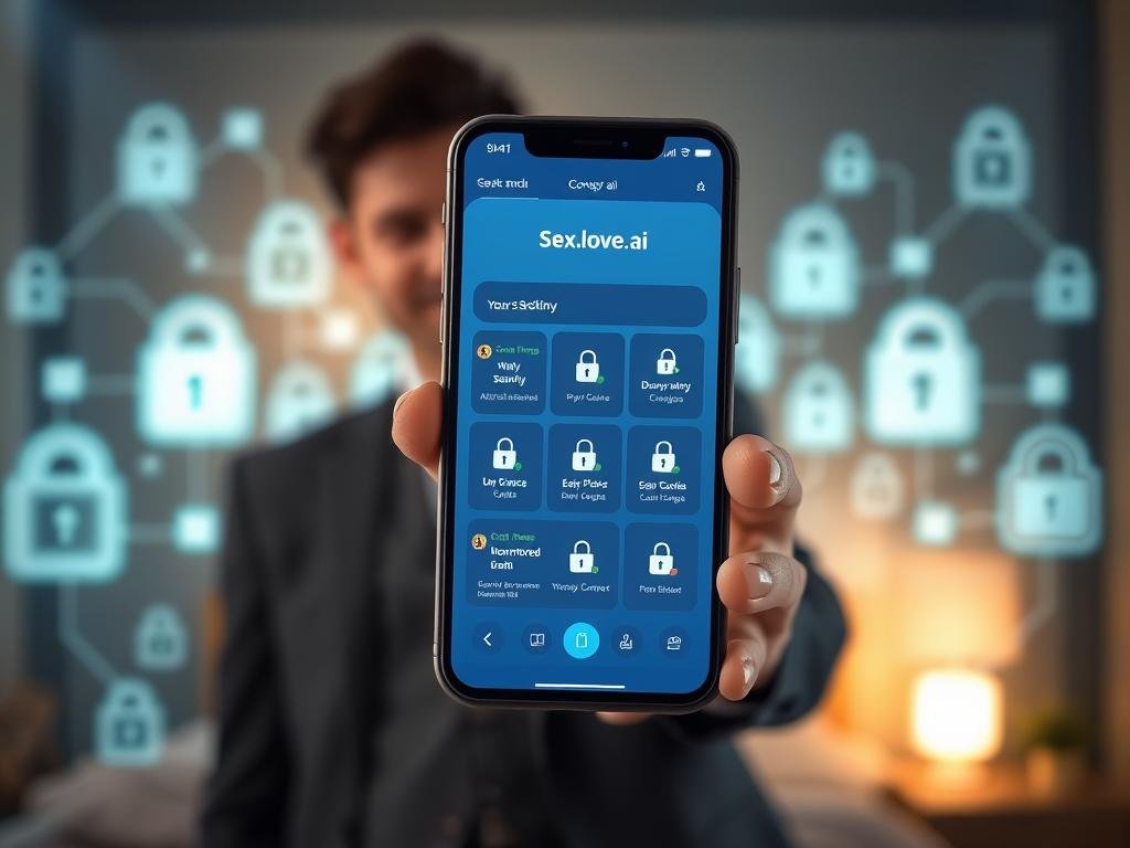 A sleek, modern virtual companion app interface displayed on a smartphone, held by a professional-looking individual dressed in business attire. In the foreground, the app screen showcases a dynamic, user-friendly design featuring various features focused on privacy and security settings, symbolized by locks and secure connections. The middle ground reveals a cozy and intimate workspace, with soft ambient lighting that enhances a sense of comfort and trust. In the background, blurred silhouettes of digital icons represent advanced AI technology and data encryption, creating a futuristic atmosphere. The color palette incorporates calming blues and greens, conveying a sense of reliability and safety, while the overall mood suggests a harmonious blend of technology and personal connection. Include the brand name "Sexlove.ai" prominently in the app interface design.