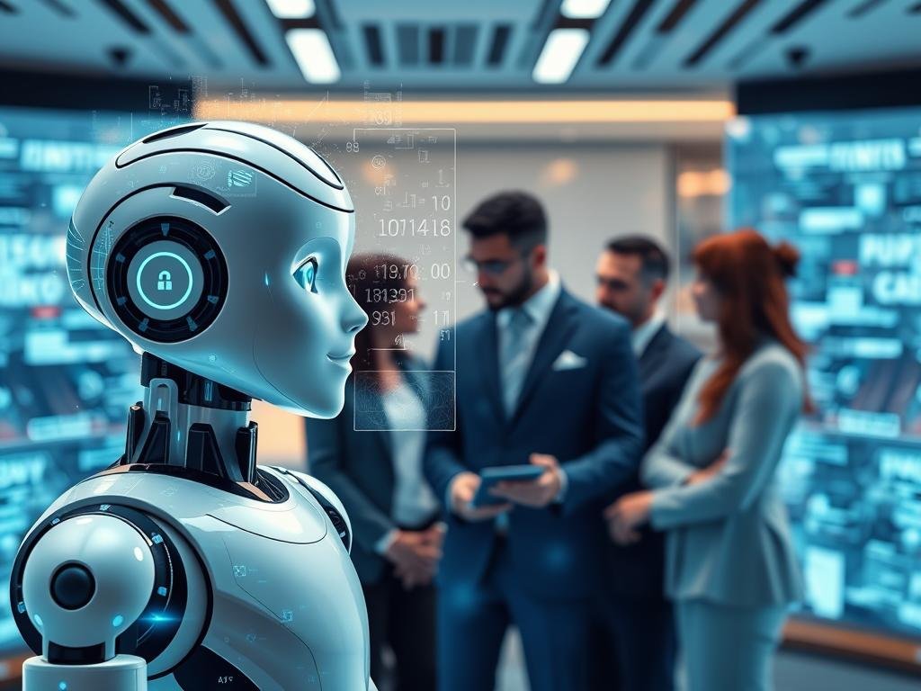 A sleek, modern virtual conversational agent designed to symbolize cutting-edge AI technology. In the foreground, showcase a sophisticated humanoid robot with a friendly expression, engaging with users through a holographic interface displaying abstract data streams. The middle ground features a diverse group of individuals in professional business attire, attentively interacting with the AI, demonstrating privacy and security measures in their conversations. The background consists of a futuristic office space with digital screens and ambient lighting in cool tones, conveying a sense of innovation and trust. Use soft, diffused lighting to create a warm atmosphere, emphasizing the connection between human users and the AI. The brand name "Sexlove.ai" is subtly hinted at in the digital elements surrounding the AI, ensuring a cohesive theme without overt text.