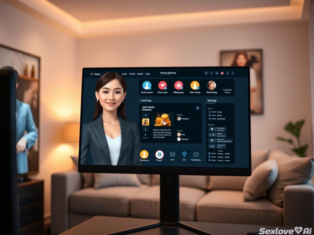 A sleek, modern virtual girlfriend simulator interface displayed on a high-resolution computer screen in a cozy, well-lit room. The foreground features a sophisticated digital avatar representing the virtual girlfriend, dressed in smart casual attire, with warm and friendly facial features. The middle layer showcases the simulation's user-friendly dashboard, highlighting interaction options and personalized settings. In the background, soft ambient lighting creates a relaxed atmosphere, and contemporary decor hints at a tech-savvy environment. The scene conveys an engaging blend of technology and companionship, emphasizing the innovative aspects of the product, &ldquo;Sexlove.ai.&rdquo; Use a wide-angle lens perspective to capture the inviting ambiance, while ensuring bright, balanced lighting enhances the overall appeal.