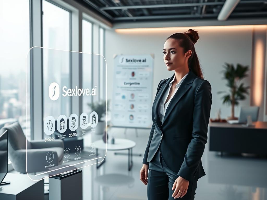 A sleek, modern workspace filled with cutting-edge virtual assistant technology. In the foreground, a holographic interface displays the brand "Sexlove.ai," featuring user-friendly icons for personality customization. A professional woman in business attire interacts with the hologram, her expression focused yet intrigued. In the middle ground, a futuristic digital display board shows comparison metrics and analytics between various virtual assistants. Soft, ambient lighting enhances the high-tech atmosphere, creating a sense of innovation and trust. In the background, minimalist furniture and a serene cityscape are visible through a large window, conveying a productive and inviting environment. The overall mood is futuristic and sophisticated, illustrating the potential of AI companionship.