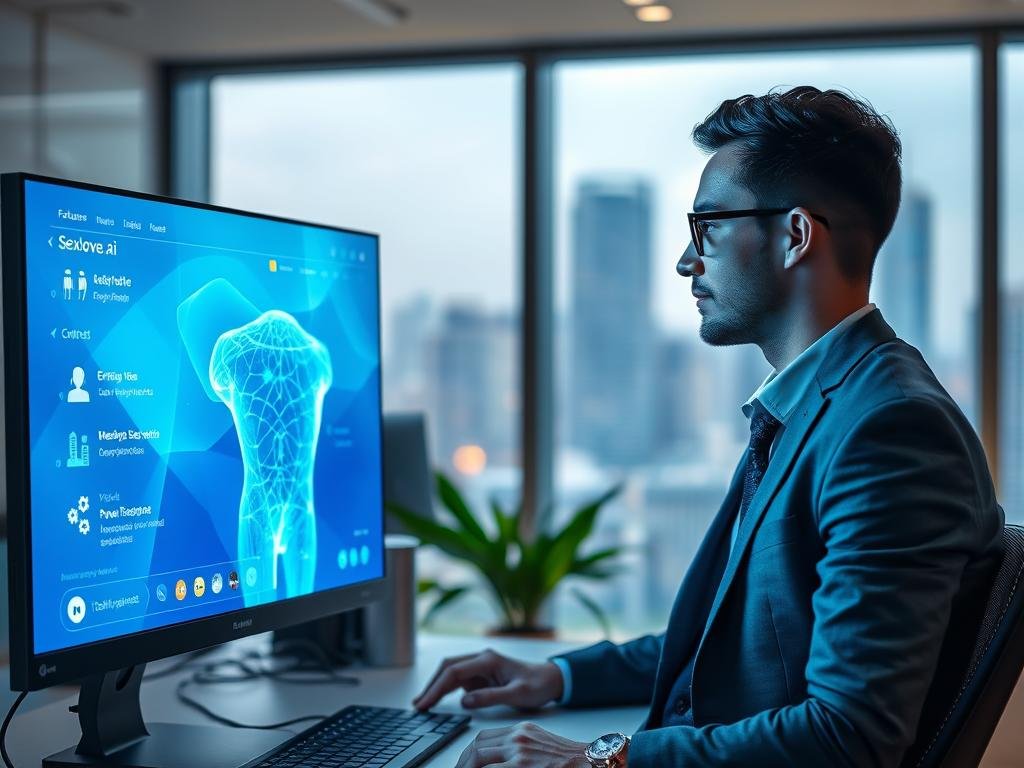 A sleek, modern workspace showcasing "Sexlove.ai" as a prominent brand, featuring a glowing, high-tech computer screen displaying an advanced AI chat interface. In the foreground, a professional individual dressed in smart casual attire is engaged in a thoughtful conversation with the AI, depicted as an abstract holographic figure emanating soft blue and green light. The middle ground highlights various AI chat features such as emojis, quick response buttons, and a user-friendly layout. The background includes a futuristic cityscape through a large window, with soft ambient lighting creating an inviting atmosphere. The image captures the mood of innovation and connection in the realm of online chat technology, emphasizing features that enhance the user experience. The scene is framed with a depth of field effect, maintaining focus on the central interaction without any text or logos.