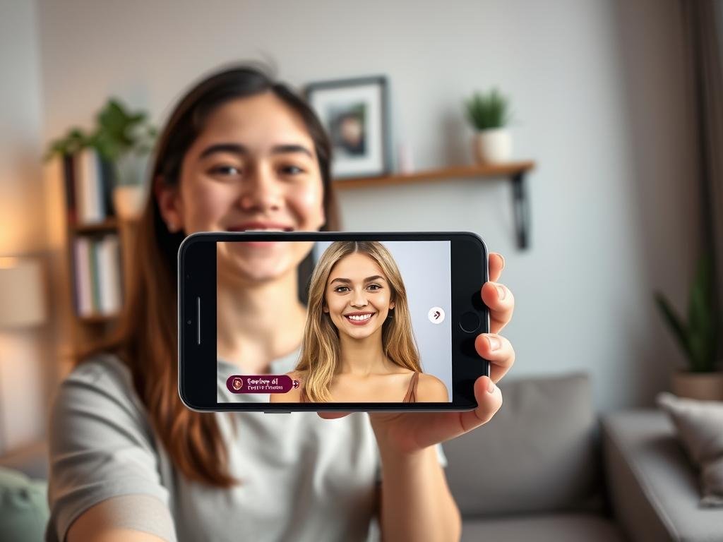 A sleek smartphone displaying the "Sexlove.ai" virtual girlfriend app on the screen, showcasing a friendly and engaging AI character. In the foreground, the phone is held by a young adult in modest casual attire, their expression reflecting curiosity and delight. The middle ground features a cozy, modern living room setting with soft, warm lighting to create an inviting atmosphere. The background includes a shelf with books and plants, suggesting a personal touch to their environment. The overall mood is optimistic and relatable, emphasizing connection and personality in virtual relationships. The angle is slightly tilted to capture the phone’s screen clearly, ensuring the app's interface is visible, framed by the user's delighted face. A sleek smartphone displaying the "Sexlove.ai" virtual girlfriend app on the screen, showcasing a friendly and engaging AI character. In the foreground, the phone is held by a young adult in modest casual attire, their expression reflecting curiosity and delight. The middle ground features a cozy, modern living room setting with soft, warm lighting to create an inviting atmosphere. The background includes a shelf with books and plants, suggesting a personal touch to their environment. The overall mood is optimistic and relatable, emphasizing connection and personality in virtual relationships. The angle is slightly tilted to capture the phone’s screen clearly, ensuring the app's interface is visible, framed by the user's delighted face.