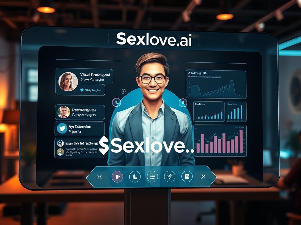 A sleek virtual assistant interface with a friendly AI conversational agent displayed on a futuristic digital screen, prominently featuring the brand "Sexlove.ai". In the foreground, the agent is depicted as a polished, professional-looking digital avatar with warm, inviting expressions, dressed in smart casual attire. The middle layer includes interactive elements like holographic icons and graphs, showcasing personalized user feedback and engagement metrics. The background reveals an innovative workspace, blending warm ambient lighting with soft tech-themed colors, creating a welcoming atmosphere. The lens captures a slight tilt angle, enhancing the sense of depth and immersion in the digital experience. The overall mood is optimistic and engaging, inviting users to explore personalized virtual companionship. A sleek virtual assistant interface with a friendly AI conversational agent displayed on a futuristic digital screen, prominently featuring the brand "Sexlove.ai". In the foreground, the agent is depicted as a polished, professional-looking digital avatar with warm, inviting expressions, dressed in smart casual attire. The middle layer includes interactive elements like holographic icons and graphs, showcasing personalized user feedback and engagement metrics. The background reveals an innovative workspace, blending warm ambient lighting with soft tech-themed colors, creating a welcoming atmosphere. The lens captures a slight tilt angle, enhancing the sense of depth and immersion in the digital experience. The overall mood is optimistic and engaging, inviting users to explore personalized virtual companionship.
