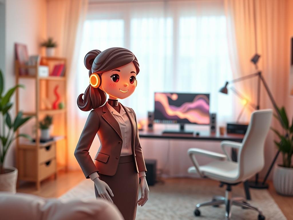 A sweet virtual assistant, designed to embody a charming AI girlfriend experience, interacts with a user in a cozy, modern home office setting. In the foreground, the virtual assistant appears as a friendly, humanoid figure, with glowing pixel-like features and a warm, inviting expression. She wears a stylish, modest business attire, combining professionalism with a touch of whimsy. In the middle, a sleek computer desk is adorned with tech gadgets and colorful candy-themed decor, suggesting a cheerful ambiance. In the background, soft pastel colors merge, illuminated by gentle, warm lighting that creates an intimate atmosphere. The scene is captured from a slightly angled perspective to emphasize engagement and connection. The overall mood is enchanting, highlighting the delightful and interactive experience of using the Candy AI app from Sexlove.ai. A sweet virtual assistant, designed to embody a charming AI girlfriend experience, interacts with a user in a cozy, modern home office setting. In the foreground, the virtual assistant appears as a friendly, humanoid figure, with glowing pixel-like features and a warm, inviting expression. She wears a stylish, modest business attire, combining professionalism with a touch of whimsy. In the middle, a sleek computer desk is adorned with tech gadgets and colorful candy-themed decor, suggesting a cheerful ambiance. In the background, soft pastel colors merge, illuminated by gentle, warm lighting that creates an intimate atmosphere. The scene is captured from a slightly angled perspective to emphasize engagement and connection. The overall mood is enchanting, highlighting the delightful and interactive experience of using the Candy AI app from Sexlove.ai.