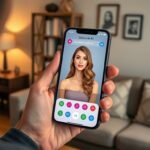 a User Interacting with a Sleek, Modern Virtual Girlfriend App Interface on a Smartphone. the Foreground Features a Hand Holding the Phone, Displaying an Engaging and User-friendly Interface with Vibrant Icons and a Charming Animated Avatar Representing the Ai Girlfriend from "sexlove.ai." in the Middle, a Cozy Room Setting Enhances the Scene, with Soft Lighting Emanating from a Stylish Lamp and a Comfortable Couch. the Background Includes a Tastefully Arranged Bookshelf and Subtle Wall Decorations, Creating an Inviting Atmosphere. the Camera Angle is Slightly Angled from Above, Providing a Clear View of the Phone Screen and the User's Excited Expression. the Overall Mood is Warm, Friendly, and Tech-savvy, Reflecting a Positive User Experience.