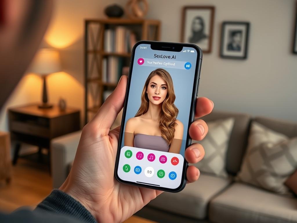 a User Interacting with a Sleek, Modern Virtual Girlfriend App Interface on a Smartphone. the Foreground Features a Hand Holding the Phone, Displaying an Engaging and User-friendly Interface with Vibrant Icons and a Charming Animated Avatar Representing the Ai Girlfriend from "sexlove.ai." in the Middle, a Cozy Room Setting Enhances the Scene, with Soft Lighting Emanating from a Stylish Lamp and a Comfortable Couch. the Background Includes a Tastefully Arranged Bookshelf and Subtle Wall Decorations, Creating an Inviting Atmosphere. the Camera Angle is Slightly Angled from Above, Providing a Clear View of the Phone Screen and the User's Excited Expression. the Overall Mood is Warm, Friendly, and Tech-savvy, Reflecting a Positive User Experience.