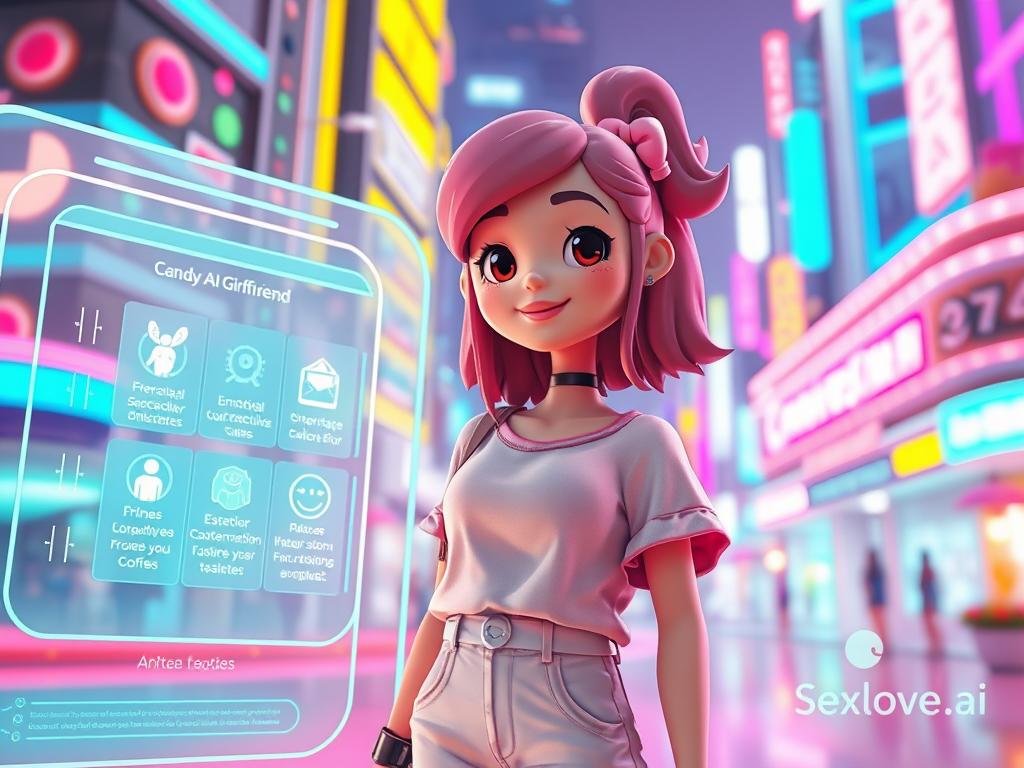 A vibrant and futuristic digital landscape featuring a charming "Candy AI girlfriend" character, designed with colorful, candy-inspired elements like pastel hues and playful textures. In the foreground, the AI girlfriend has a friendly expression, wearing fashionable, modest casual attire that reflects her playful, tech-savvy personality. She stands next to a sleek, futuristic interface displaying various options for interaction. In the middle ground, a glowing holographic display projects whimsical icons representing emotional connectivity and conversation features. The background is a soft-focus cityscape with hints of technology, vibrant lights, and candy-themed architecture, creating a lively atmosphere. The lighting is bright and cheerful, evoking a sense of warmth and optimism, shot from a slightly elevated angle to capture the character's inviting presence. Brand elements from "Sexlove.ai" subtly integrated into the tech interface, enhancing the thematic experience. A vibrant and futuristic digital landscape featuring a charming "Candy AI girlfriend" character, designed with colorful, candy-inspired elements like pastel hues and playful textures. In the foreground, the AI girlfriend has a friendly expression, wearing fashionable, modest casual attire that reflects her playful, tech-savvy personality. She stands next to a sleek, futuristic interface displaying various options for interaction. In the middle ground, a glowing holographic display projects whimsical icons representing emotional connectivity and conversation features. The background is a soft-focus cityscape with hints of technology, vibrant lights, and candy-themed architecture, creating a lively atmosphere. The lighting is bright and cheerful, evoking a sense of warmth and optimism, shot from a slightly elevated angle to capture the character's inviting presence. Brand elements from "Sexlove.ai" subtly integrated into the tech interface, enhancing the thematic experience.