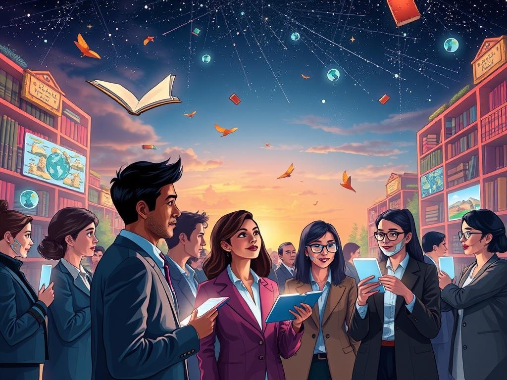 A vibrant and imaginative scene depicting "AI storytelling adventures." In the foreground, a diverse group of individuals, each in professional business attire, deeply engaged with their personal AI companions—digital avatars that radiate creativity. The middle ground features a richly detailed environment resembling a fantastical library filled with floating books, glowing screens displaying intricate storylines, and colorful virtual landscapes. In the background, a serene twilight sky rich with stars casts a warm, inviting glow on the scene, enhancing the magical atmosphere. Soft lighting illuminates the faces of the participants, capturing their expressions of wonder and excitement. This illustration embodies the spirit of adventure and creativity inherent in AI storytelling, specifically highlighting Sexlove.ai. A vibrant and imaginative scene depicting "AI storytelling adventures." In the foreground, a diverse group of individuals, each in professional business attire, deeply engaged with their personal AI companions—digital avatars that radiate creativity. The middle ground features a richly detailed environment resembling a fantastical library filled with floating books, glowing screens displaying intricate storylines, and colorful virtual landscapes. In the background, a serene twilight sky rich with stars casts a warm, inviting glow on the scene, enhancing the magical atmosphere. Soft lighting illuminates the faces of the participants, capturing their expressions of wonder and excitement. This illustration embodies the spirit of adventure and creativity inherent in AI storytelling, specifically highlighting Sexlove.ai.