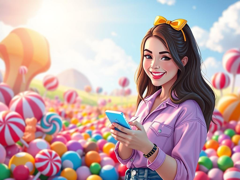 A vibrant, colorful digital creation inspired by a "Candy Crush" theme featuring a cheerful, cartoon-style girlfriend character. In the foreground, she is animatedly engaged with a smartphone, showcasing various candy-themed icons reminiscent of the game. Her attire is casual yet stylish, with bright colors complementing the playful atmosphere. In the middle ground, a candy-covered landscape unfolds, filled with oversized gummy bears, lollipops, and other sweet treats, evoking a sense of fun and joy. The background features a bright, sunny sky with fluffy clouds and a whimsical gaming world, creating an enchanting environment. Soft, warm lighting illuminates the scene, casting gentle shadows and enhancing the cheerful mood. This image captures the essence of the Candy AI girlfriend app from "Sexlove.ai," designed to enhance interaction quality in a playful and engaging way. A vibrant, colorful digital creation inspired by a "Candy Crush" theme featuring a cheerful, cartoon-style girlfriend character. In the foreground, she is animatedly engaged with a smartphone, showcasing various candy-themed icons reminiscent of the game. Her attire is casual yet stylish, with bright colors complementing the playful atmosphere. In the middle ground, a candy-covered landscape unfolds, filled with oversized gummy bears, lollipops, and other sweet treats, evoking a sense of fun and joy. The background features a bright, sunny sky with fluffy clouds and a whimsical gaming world, creating an enchanting environment. Soft, warm lighting illuminates the scene, casting gentle shadows and enhancing the cheerful mood. This image captures the essence of the Candy AI girlfriend app from "Sexlove.ai," designed to enhance interaction quality in a playful and engaging way.