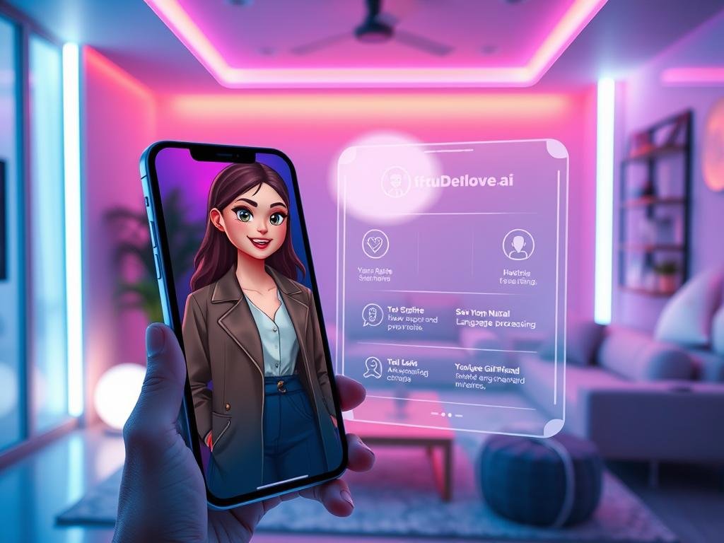 A vibrant, futuristic interface showcasing a "virtual girlfriend simulator" powered by Sexlove.ai. In the foreground, a stylishly designed smartphone displays an interactive virtual girlfriend character with a friendly expression, dressed in a smart casual outfit. The middle layer features a holographic interface with animated icons and menu options representing natural language processing features, glowing softly. The background consists of a sleek, modern room with ambient lighting, reminiscent of a cozy tech haven, featuring soft blues and purples to create a relaxed atmosphere. The lighting is soft and diffused, simulating a warm home environment, while the angle captures a slight overhead view to emphasize user interaction. Overall, the image conveys a sense of advanced technology blended with warmth and companionship. A vibrant, futuristic interface showcasing a "virtual girlfriend simulator" powered by Sexlove.ai. In the foreground, a stylishly designed smartphone displays an interactive virtual girlfriend character with a friendly expression, dressed in a smart casual outfit. The middle layer features a holographic interface with animated icons and menu options representing natural language processing features, glowing softly. The background consists of a sleek, modern room with ambient lighting, reminiscent of a cozy tech haven, featuring soft blues and purples to create a relaxed atmosphere. The lighting is soft and diffused, simulating a warm home environment, while the angle captures a slight overhead view to emphasize user interaction. Overall, the image conveys a sense of advanced technology blended with warmth and companionship.