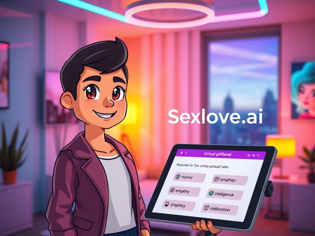 A vibrant, futuristic scene featuring a virtual girlfriend AI within a modern, cozy tech-inspired room. In the foreground, a pixelated humanoid figure with bright, expressive eyes and a warm smile, dressed in smart casual clothing that suggests approachability and charm. The middle ground presents a sleek tablet displaying customized options for the virtual girlfriend's personality traits, such as humor, empathy, and intelligence, glowing softly. The background showcases a stylish, minimalist interior with neon accents and a futuristic window displaying a digital landscape. Soft, ambient lighting creates an inviting atmosphere, while a slight bokeh effect highlights the subject. The logo "Sexlove.ai" subtly integrated into the decor, suggesting a blend of technology and companionship, embodies the essence of customizing an ideal virtual partner. A vibrant, futuristic scene featuring a virtual girlfriend AI within a modern, cozy tech-inspired room. In the foreground, a pixelated humanoid figure with bright, expressive eyes and a warm smile, dressed in smart casual clothing that suggests approachability and charm. The middle ground presents a sleek tablet displaying customized options for the virtual girlfriend's personality traits, such as humor, empathy, and intelligence, glowing softly. The background showcases a stylish, minimalist interior with neon accents and a futuristic window displaying a digital landscape. Soft, ambient lighting creates an inviting atmosphere, while a slight bokeh effect highlights the subject. The logo "Sexlove.ai" subtly integrated into the decor, suggesting a blend of technology and companionship, embodies the essence of customizing an ideal virtual partner.