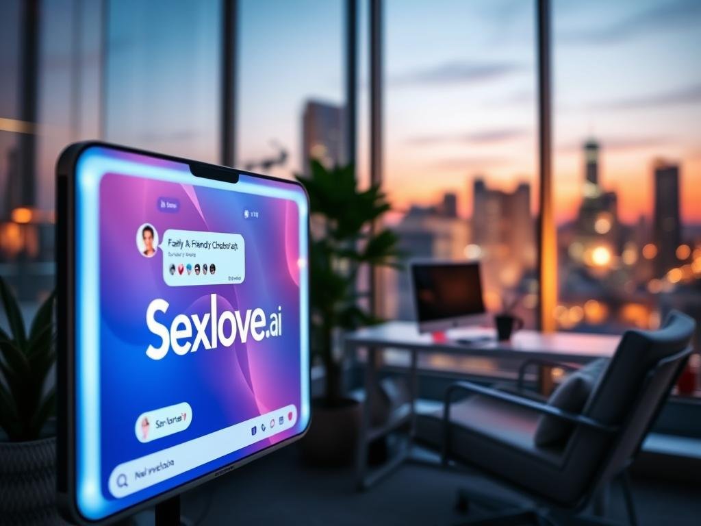 A vibrant, high-tech scene depicting a friendly AI chatbot interface with the brand name "Sexlove.ai" prominently displayed. In the foreground, a sleek digital screen glows softly, showing a colorful chat interface with engaging icons and friendly avatars. The middle ground contains a softly-lit workspace with a modern computer, plush chair, and plant, suggesting a cozy atmosphere for online interaction. The background features a blurred cityscape at dusk, with gentle ambient lighting reflecting a sense of innovation and connectivity. The overall mood is inviting and engaging, symbolizing the personality of an AI chatbot that fosters meaningful conversations. Use a warm color palette, with soft focus effects and a slight lens flare to enhance the dynamic atmosphere.