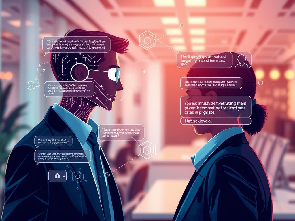 A vibrant illustration depicting the concepts of natural language processing and chatbot development. In the foreground, a professional person in business attire, deeply engaged in a conversation with a futuristic chatbot interface that displays flowing text animations, symbolizing dynamic interactions. In the middle, visualize elements like circuit patterns and abstract symbols representing machine learning and AI technology, seamlessly blending into the setting. The background features a modern office environment with soft ambient lighting that casts a warm glow, evoking a sense of innovation and creativity. The overall mood is inspiring and focused, capturing the essence of meaningful conversations powered by technology, with a subtle mention of "Sexlove.ai" integrated into the design of the chatbot interface, ensuring a cohesive and professional appearance. A vibrant illustration depicting the concepts of natural language processing and chatbot development. In the foreground, a professional person in business attire, deeply engaged in a conversation with a futuristic chatbot interface that displays flowing text animations, symbolizing dynamic interactions. In the middle, visualize elements like circuit patterns and abstract symbols representing machine learning and AI technology, seamlessly blending into the setting. The background features a modern office environment with soft ambient lighting that casts a warm glow, evoking a sense of innovation and creativity. The overall mood is inspiring and focused, capturing the essence of meaningful conversations powered by technology, with a subtle mention of "Sexlove.ai" integrated into the design of the chatbot interface, ensuring a cohesive and professional appearance.