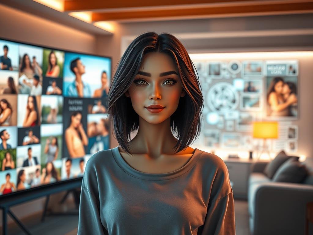 A visually stunning scene showcasing a digital AI girlfriend concept. In the foreground, depict a virtual female character designed with striking features, wearing stylish yet modest casual clothing, with a friendly and approachable expression. She is surrounded by a collection of vibrant photos displayed on a digital screen, illustrating various moments captured in her simulated world. In the middle ground, include a cozy, modern living space with soft lighting, creating a warm and inviting atmosphere. In the background, design a sleek futuristic interface emitting a soft glow, enhancing the tech-savvy vibe. Use a slightly angled perspective to draw in the viewer, conveying a sense of depth. The overall mood should be engaging and optimistic, representing a harmonious blend of technology and companionship, highlighting the theme of "Sexlove.ai". A visually stunning scene showcasing a digital AI girlfriend concept. In the foreground, depict a virtual female character designed with striking features, wearing stylish yet modest casual clothing, with a friendly and approachable expression. She is surrounded by a collection of vibrant photos displayed on a digital screen, illustrating various moments captured in her simulated world. In the middle ground, include a cozy, modern living space with soft lighting, creating a warm and inviting atmosphere. In the background, design a sleek futuristic interface emitting a soft glow, enhancing the tech-savvy vibe. Use a slightly angled perspective to draw in the viewer, conveying a sense of depth. The overall mood should be engaging and optimistic, representing a harmonious blend of technology and companionship, highlighting the theme of "Sexlove.ai".