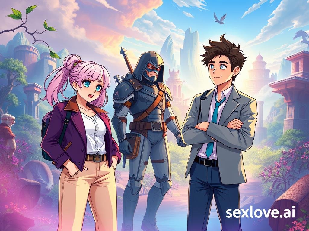 a Vivid Illustration of a Virtual Character Roleplay Scene, Featuring a Diverse Group of Four Characters Engaged in a Creative Storytelling Session. in the Foreground, a Stylish Female Character with Bright Pastel Hair and Modern Casual Attire Interacts with a Charming Male Character in Sleek Business Attire, Both Showcasing Playful Expressions. in the Middle Ground, Two Other Characters, One in a Fantasy Warrior Outfit and Another in Sci-fi Gear, Contribute to the Narrative. the Background Captures a Vibrant, Digital Landscape with Elements from Various Genres, Such As a Futuristic Cityscape, Mystical Forests, and Ancient Ruins, Seamlessly Blending Together. Soft, Ethereal Lighting Highlights the Characters, Creating an Engaging Atmosphere That Evokes Excitement and Imagination. the Overall Feel is One of Creativity and Adventure, Emphasizing the Theme of Exploration in Ai Roleplay. the Logo of "sexlove.ai" Subtly Appears in the Corner Without Drawing Attention from the Scene.