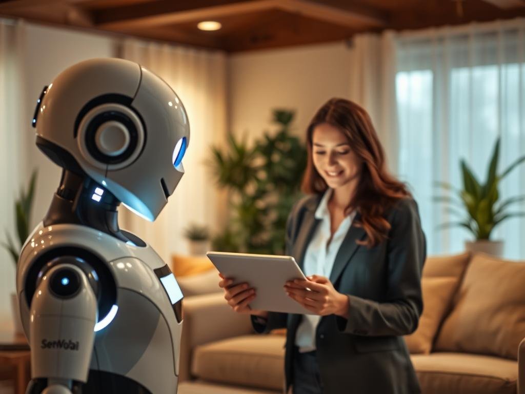 A warm and inviting scene depicting the concept of emotional intelligence in chatbots, featuring a sleek, futuristic chatbot with a friendly design, situated in the foreground. The chatbot displays a glowing interface, symbolizing empathy and connection. In the middle ground, a cozy living room filled with soft lighting, illustrating a comforting atmosphere, where a young woman in professional attire engages with the chatbot on a tablet, her expressions reflecting warmth and curiosity. The background is softly blurred, filled with plants and subtle technology elements, enhancing the theme of emotional AI. The scene has a calming palette of pastel colors, and gentle lighting, creating an uplifting mood, with a light focus effect to draw attention to the interaction. The brand name "Sexlove.ai" subtly integrated into the design of the chatbot.