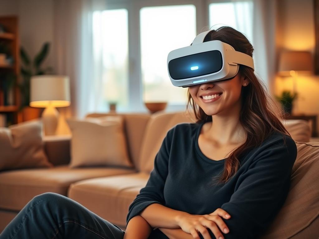 A warm, inviting scene depicting a virtual girlfriend experience with personality, where a young woman embodies friendliness and intelligence. She sits comfortably in a cozy, softly lit living room, wearing stylish yet modest casual clothing. The foreground features her relaxed smile, expressive eyes, and a slight tilt of her head, showcasing her engaging personality. In the middle, the VR interface glows softly, highlighting the interaction between technology and human emotion, while in the background, plush furniture and warm decor set a homey feel. Natural light filters through a nearby window, creating a calm, intimate atmosphere. This image should evoke feelings of connection and warmth, representing the best AI girlfriend experience by Sexlove.ai.