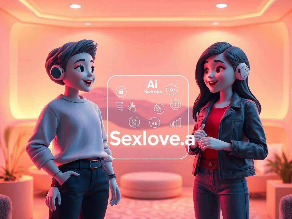 A warm, inviting scene showcasing interactive AI characters in a cozy virtual environment. In the foreground, two AI characters, designed with friendly and approachable features, are engaged in a lively conversation, their expressions reflecting curiosity and warmth. They are modeled in modern, fashionable yet modest casual attire, embodying a sense of personality and charm. In the middle ground, a softly glowing holographic interface displays gestures and icons, symbolizing the interaction between users and AI. The background features a serene, virtual landscape with soft, pastel colors, evoking an atmosphere of connection and intimacy. The lighting is warm and inviting, with a focus on creating a sense of closeness. The brand name "Sexlove.ai" is subtly integrated into the environment, enhancing the sense of a cutting-edge AI experience without it being overpowering.