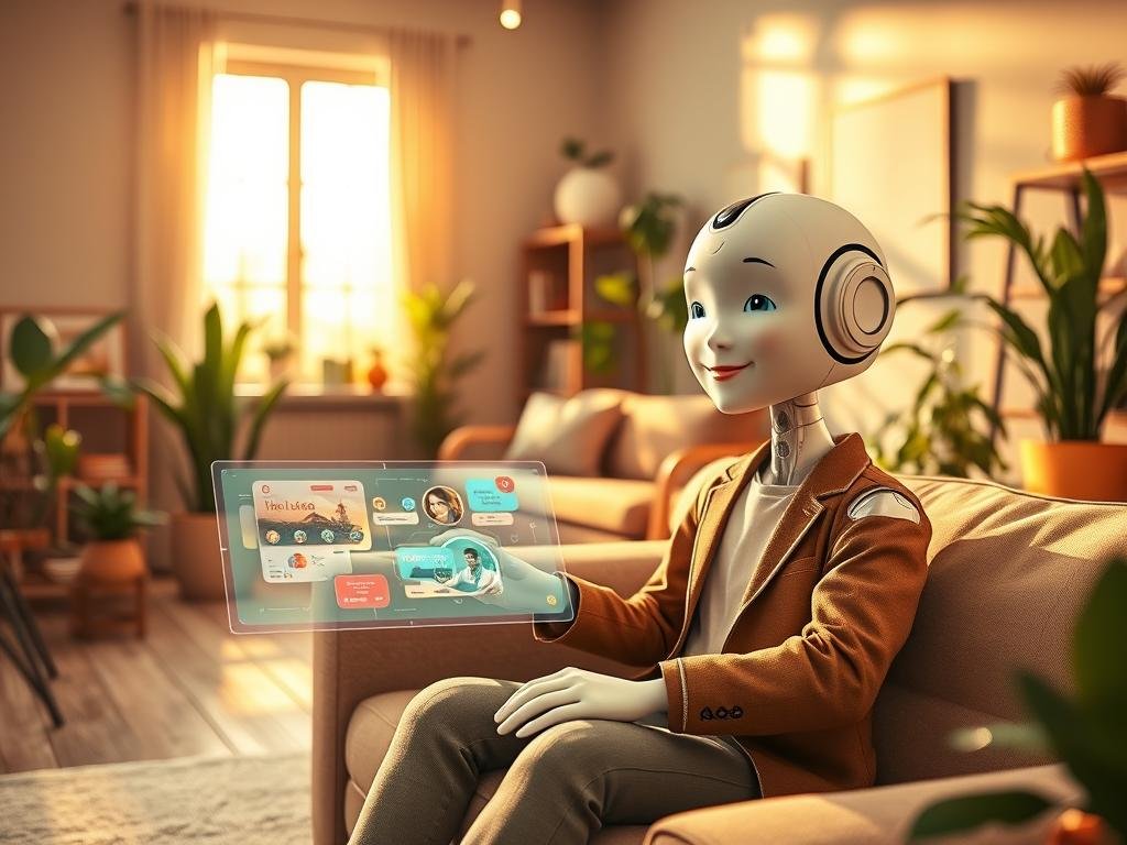 A warm, inviting space showcasing an artificial intelligence companion, resembling a friendly, humanoid figure with soft features and an engaging smile, dressed in smart casual attire. The foreground includes the AI companion seated comfortably on a modern sofa, interacting with a holographic interface displaying vibrant, animated graphics. In the middle ground, a cozy living room is adorned with plants, bookshelves, and stylish decor, exuding a sense of modern comfort. The background features a large window with light streaming in, casting a soft glow across the scene. The atmosphere is friendly and futuristic, promoting a sense of companionship and connection. The overall composition emphasizes the warmth and personality of the AI companion, branded as "Sexlove.ai."