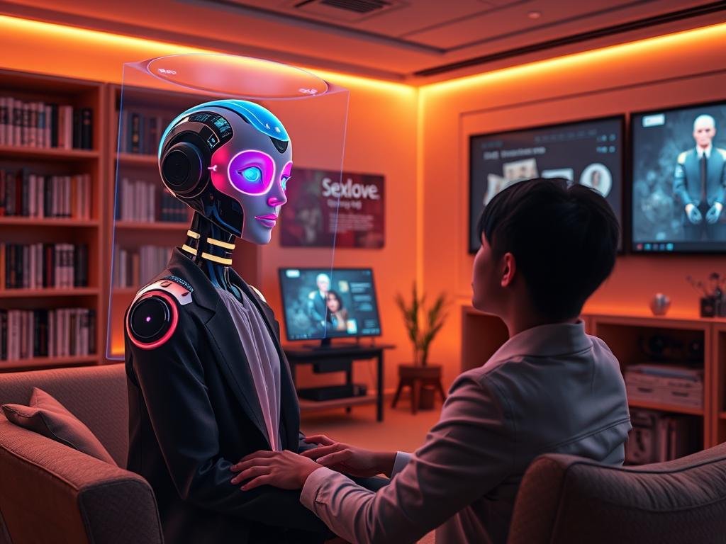 a Warm-lit Virtual Room Filled with Futuristic Technology, Showcasing a Vibrant Ai Character Engaging with a User in a Cozy Setting. the Ai Character, a Stylish and Friendly Digital Companion, is Depicted in a Sleek and Colorful Avatar Form, with Glowing Elements Highlighting Its Facial Features and Expression. the User, in Professional Business Attire, is Seated Comfortably, Interacting Through a Holographic Interface. Soft, Ambient Lighting Enhances the Immersive Atmosphere, Casting Gentle Shadows That Add Depth to the Scene. in the Background, Shelves of Digital Books and Interactive Screens Display Advanced Roleplay Scenarios. the Overall Mood is Inviting and Innovative, Embodying the Essence of Advanced Techniques in Ai Character Roleplay. Include a Subtle Branding Element of "sexlove.ai" Integrated into the Technology.