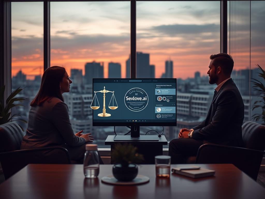A warmly lit, contemporary office setting, with a sleek, modern design that conveys professionalism and comfort. In the foreground, a diverse group of three individuals&mdash;two men and one woman&mdash;dressed in business attire, are engaged in a thoughtful discussion about the ethical implications of AI companionship. The middle ground features an advanced computer setup displaying the interface of "Sexlove.ai", with subtle visual cues representing ethical frameworks, such as scales of justice and gears turning to symbolize thoughtful decision-making. In the background, a large window reveals a city skyline at sunset, creating a moody yet optimistic atmosphere. Soft, ambient lighting highlights the serious nature of the conversation while fostering a sense of collaboration and innovation. The overall tone invites contemplation of the balance between technology and ethics.