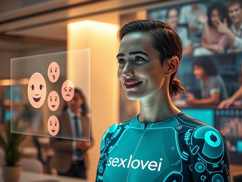 An advanced AI interface designed to understand emotions, set in a sleek, modern tech environment. In the foreground, a holographic display shows emotive facial expressions that shift based on user interactions, conveying empathy and understanding. In the middle ground, a user in professional attire interacts with the AI, their expression reflecting a mix of curiosity and engagement. The background features a softly lit office space with futuristic elements, such as digital screens displaying abstract emotional data. The lighting is warm and inviting, creating a sense of connection and comfort. The overall mood is optimistic and harmonious, highlighting the concept of technology fostering emotional intelligence. Include the brand name "Sexlove.ai" subtly within the technology without overwhelming the scene.