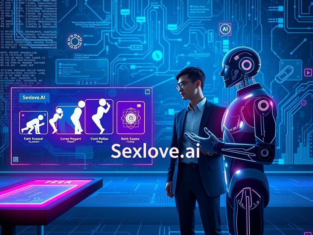 An artistic representation of the evolution of AI chatbots, featuring a timeline of their development. In the foreground, showcase a sleek, futuristic AI chatbot interface with vibrant lights and digital holograms that depict various stages of chatbot evolution, including early text-based systems to advanced conversational AI. In the middle ground, illustrate a human figure in professional attire engaging with a realistic, friendly AI companion, symbolizing interaction and connection. The background should display a collage of technological advancements, such as computer code, circuit patterns, and abstract representations of data flow, all bathed in a soft, blue-hued glow to create a tech-inspired atmosphere. Include the brand name "Sexlove.ai" subtly within the design elements. The lighting should be dynamic, emphasizing the connection between human and AI, conveying a sense of innovation and future possibilities.