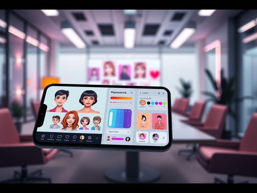 An imaginative representation of customizable AI personality features for the app "Sexlove.ai." The foreground displays a sleek, modern user interface on a digital device, showcasing diverse avatars with various expressions and customization options. The middle ground features stylized elements like sliders, color palettes, and mood indicators, symbolizing personalization. In the background, a futuristic office setting with soft ambient lighting creates an inviting atmosphere. The scene is illuminated with soft, diffused lighting to evoke a sense of trust and warmth. The perspective is slightly tilted from above to capture the intricate details of the interface while maintaining a professional look. The mood is vibrant and creative, emphasizing innovation in AI companionship.