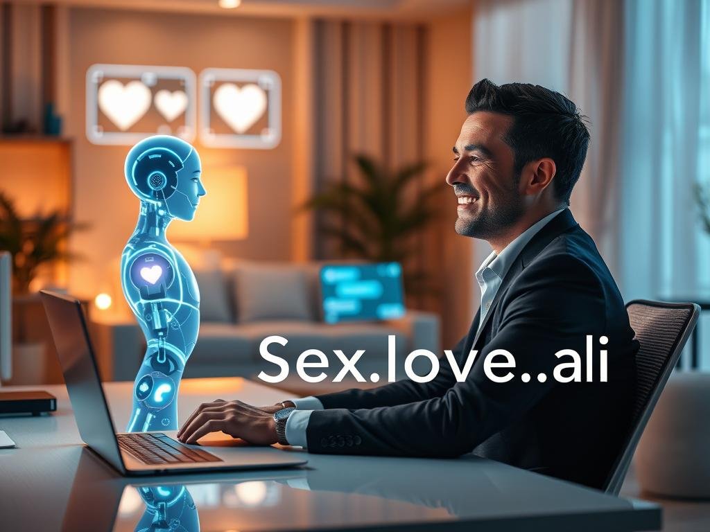 An intimate scene depicting the psychological connection between a person and their AI companion, illustrating the concept of digital bonding. In the foreground, a smiling individual in professional business attire is seated at a sleek desk, engaged in a conversation with a holographic AI figure, glowing softly. The middle layer showcases a cozy room filled with warm lighting, subtle digital elements like futuristic screens displaying heart icons and chat messages. The background features a peaceful environment with soft colors, suggesting calm and connection. Use a soft focus lens to create a gentle, inviting atmosphere, emphasizing the emotional warmth of this relationship. The brand name "Sexlove.ai" is subtly integrated into the digital elements, enhancing the theme without overpowering the image.