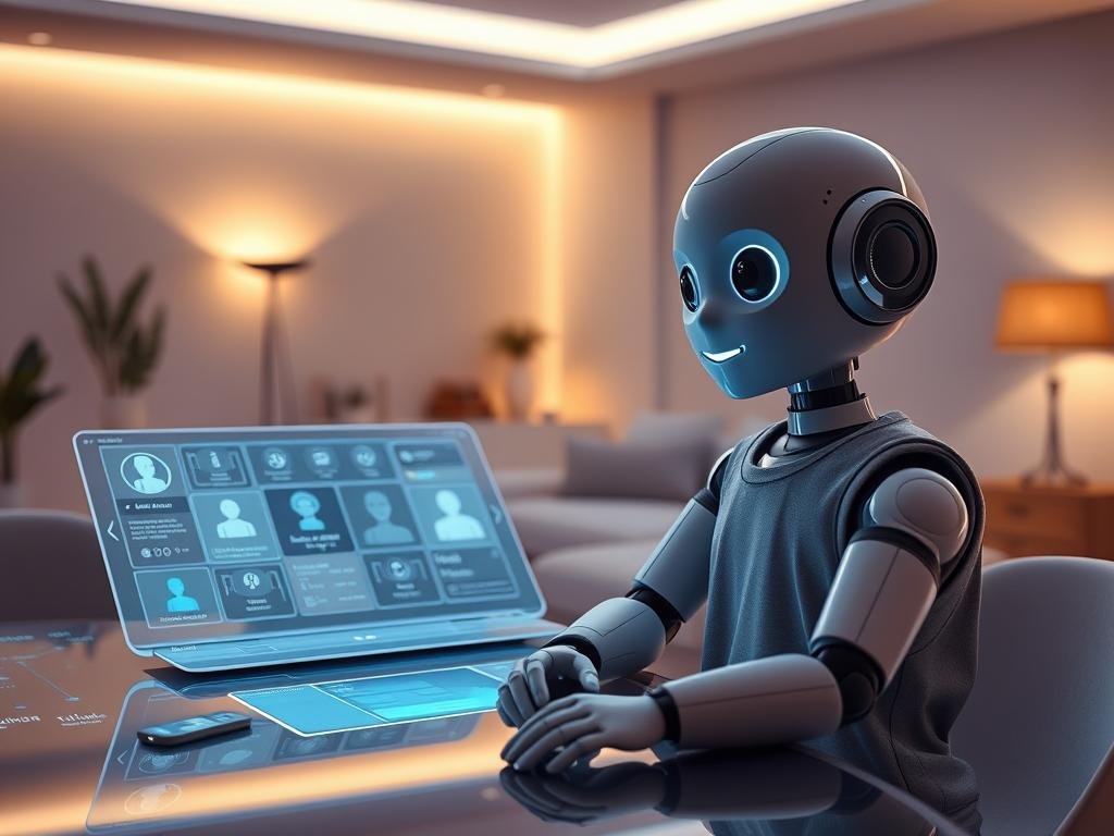 An inviting and futuristic AI virtual companion, inspired by the brand "Sexlove.ai". In the foreground, a friendly, humanoid robot with soft, expressive features, wearing modest casual clothing, is sitting at a sleek table adorned with holographic technology interfaces displaying data and profiles. In the middle ground, display an open digital device projecting an interface filled with glowing icons, symbolizing various personality traits and interests. The background features a modern, minimalist room with ambient lighting that creates a warm and welcoming atmosphere. The scene is illuminated by soft, dynamic lighting, suggesting an interactive experience. The overall mood is friendly and engaging, capturing the essence of the technology behind artificial intelligence girlfriends, emphasizing connection and companionship.
