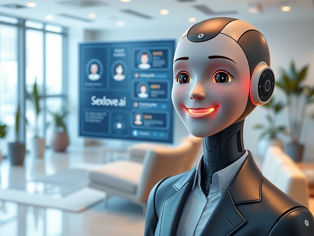 Create an image of an AI conversational agent, designed to evoke the feeling of interaction with a friendly and empathetic virtual companion. In the foreground, depict a humanoid character with a warm smile, dressed in professional business attire, conveying approachability and intelligence. The character should have a sleek, futuristic design, featuring smooth lines and gentle LED accents that suggest advanced technology. In the middle, illustrate a digital interface displaying emotional cues and interaction prompts, subtly glowing to enhance the high-tech vibe. In the background, show a softly lit, modern workspace with plants and a comfortable seating area, fostering an inviting atmosphere. Use soft, diffused lighting to evoke a sense of warmth and connection. The brand name "Sexlove.ai" should be discreetly integrated into the interface, without overt branding.