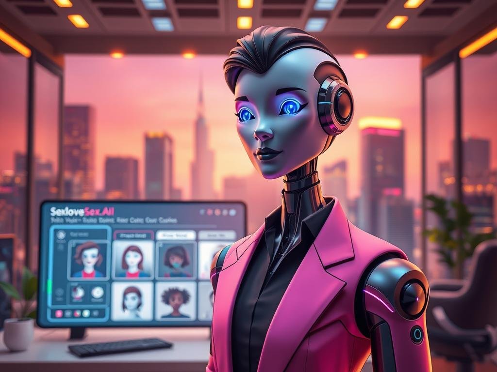 Create an imaginative scene featuring a stylish AI character designed for an AI girlfriend app called "Sexlove.ai." In the foreground, depict a sleek, humanoid robot with friendly facial features, dressed in trendy yet professional attire, reflecting a contemporary and approachable personality. The middle ground should showcase a vibrant workspace with a digital interface displaying customizable options, such as different hairstyles and outfits for the character. In the background, illustrate a futuristic city skyline, bathed in warm, inviting lighting that suggests innovation and creativity. Use a soft focus lens effect to enhance the warmth of the atmosphere, creating a welcoming and engaging mood that inspires users to explore their creativity in character design. Create an imaginative scene featuring a stylish AI character designed for an AI girlfriend app called "Sexlove.ai." In the foreground, depict a sleek, humanoid robot with friendly facial features, dressed in trendy yet professional attire, reflecting a contemporary and approachable personality. The middle ground should showcase a vibrant workspace with a digital interface displaying customizable options, such as different hairstyles and outfits for the character. In the background, illustrate a futuristic city skyline, bathed in warm, inviting lighting that suggests innovation and creativity. Use a soft focus lens effect to enhance the warmth of the atmosphere, creating a welcoming and engaging mood that inspires users to explore their creativity in character design.