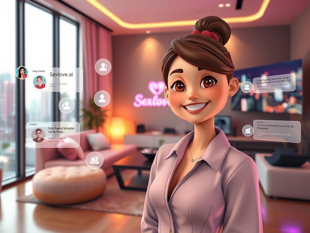 Create an inviting and modern virtual girlfriend simulator scene featuring a beautifully designed virtual interface. In the foreground, show a cheerful virtual girlfriend character with a friendly expression, wearing a stylish yet modest outfit, with digital elements surrounding her that denote interactive features like chat boxes and personalized icons. In the middle ground, depict a cozy, tech-inspired room with soft ambient lighting, adorned with futuristic gadgets and a large screen displaying the "Sexlove.ai" logo. The background should contain subtle hints of a lively cityscape outside a window, symbolizing connectivity and modernity. Use a warm color palette to convey a friendly and engaging atmosphere, shot from a slightly elevated angle to capture the character and the environment dynamically. Create an inviting and modern virtual girlfriend simulator scene featuring a beautifully designed virtual interface. In the foreground, show a cheerful virtual girlfriend character with a friendly expression, wearing a stylish yet modest outfit, with digital elements surrounding her that denote interactive features like chat boxes and personalized icons. In the middle ground, depict a cozy, tech-inspired room with soft ambient lighting, adorned with futuristic gadgets and a large screen displaying the "Sexlove.ai" logo. The background should contain subtle hints of a lively cityscape outside a window, symbolizing connectivity and modernity. Use a warm color palette to convey a friendly and engaging atmosphere, shot from a slightly elevated angle to capture the character and the environment dynamically.