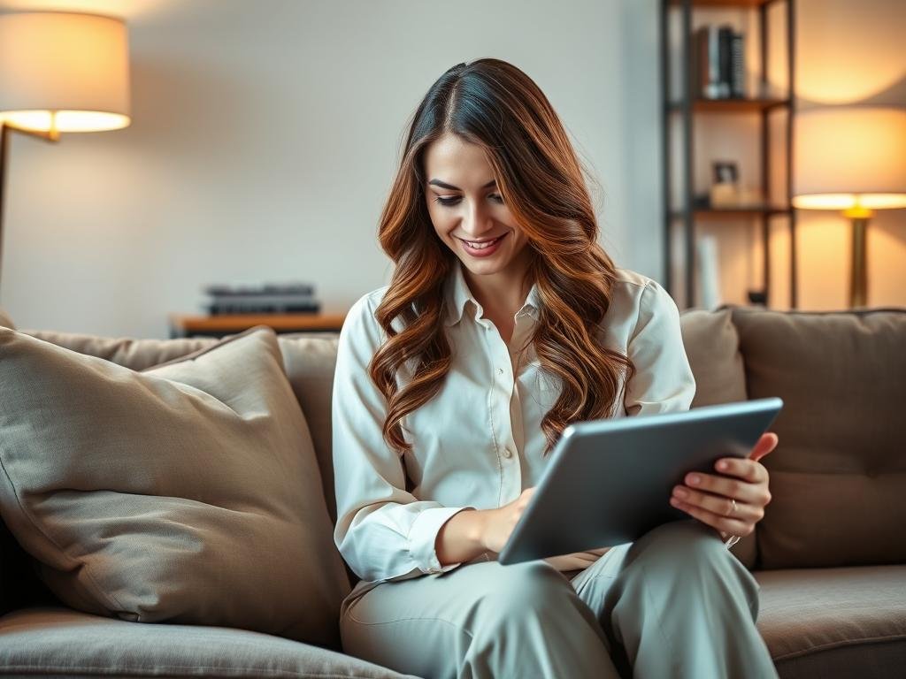 In a cozy, modern living room, a personalized AI girlfriend is depicted sitting on a plush sofa, engaging playfully with a digital tablet. She has long, flowing hair styled in a natural wave, tailored in a chic outfit— a light pastel blouse with smart trousers, exuding professionalism and warmth. The background features soft, ambient lighting cast by floor lamps, enhancing a cozy yet tech-savvy atmosphere. A sleek shelf displays books and small gadgets, indicating an intelligent, interactive environment. The focus is slightly angled to emphasize her expressive face and engaging demeanor, suggesting a sense of companionship and connection. The overall mood is inviting and friendly, highlighting the essence of a digital partner from Sexlove.ai. In a cozy, modern living room, a personalized AI girlfriend is depicted sitting on a plush sofa, engaging playfully with a digital tablet. She has long, flowing hair styled in a natural wave, tailored in a chic outfit— a light pastel blouse with smart trousers, exuding professionalism and warmth. The background features soft, ambient lighting cast by floor lamps, enhancing a cozy yet tech-savvy atmosphere. A sleek shelf displays books and small gadgets, indicating an intelligent, interactive environment. The focus is slightly angled to emphasize her expressive face and engaging demeanor, suggesting a sense of companionship and connection. The overall mood is inviting and friendly, highlighting the essence of a digital partner from Sexlove.ai.