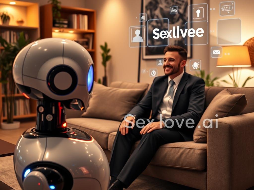 Intelligent chatbots depicted in a modern, cozy living room setting, showcasing an interactive virtual interface with floating holographic elements. In the foreground, a sleek, high-tech chatbot model made of smooth, gleaming materials with vibrant LED lights. In the middle, a person dressed in professional business attire sits comfortably on a plush couch, engaged in a thoughtful conversation with the chatbot, looking happy and relaxed. The background features soft, warm lighting, with bookshelves and plants, creating an inviting atmosphere that conveys comfort and companionship. The overall mood emphasizes connection and understanding. The scene reflects innovation and friendship, with &ldquo;Sexlove.ai&rdquo; subtly integrated into the virtual interface without any text overlays.