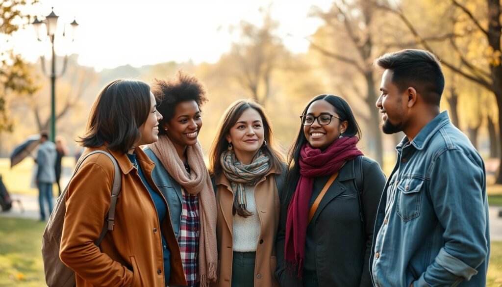 real life scene with people meeting outdoors