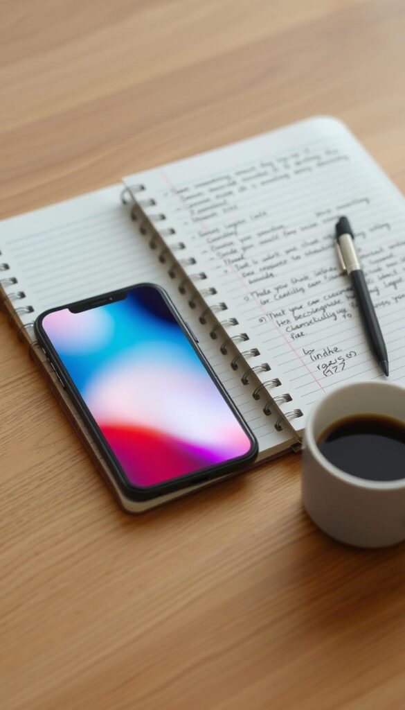 smartphone beside a notebook showing digital and real life balance smartphone beside a notebook showing digital and real life balance